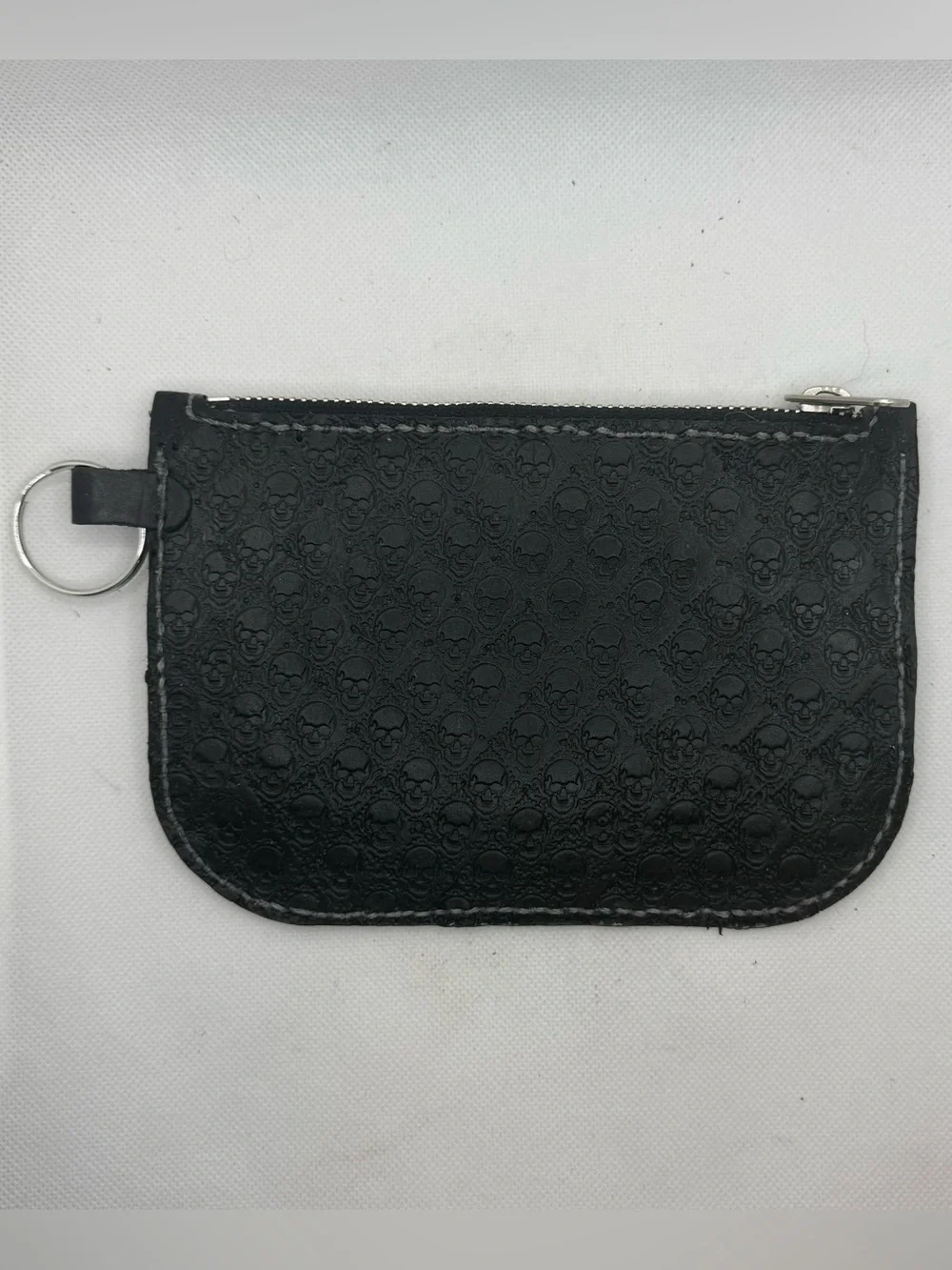 Handmade Black Skull Embossed Leather Zipper Pouch with Key Ring